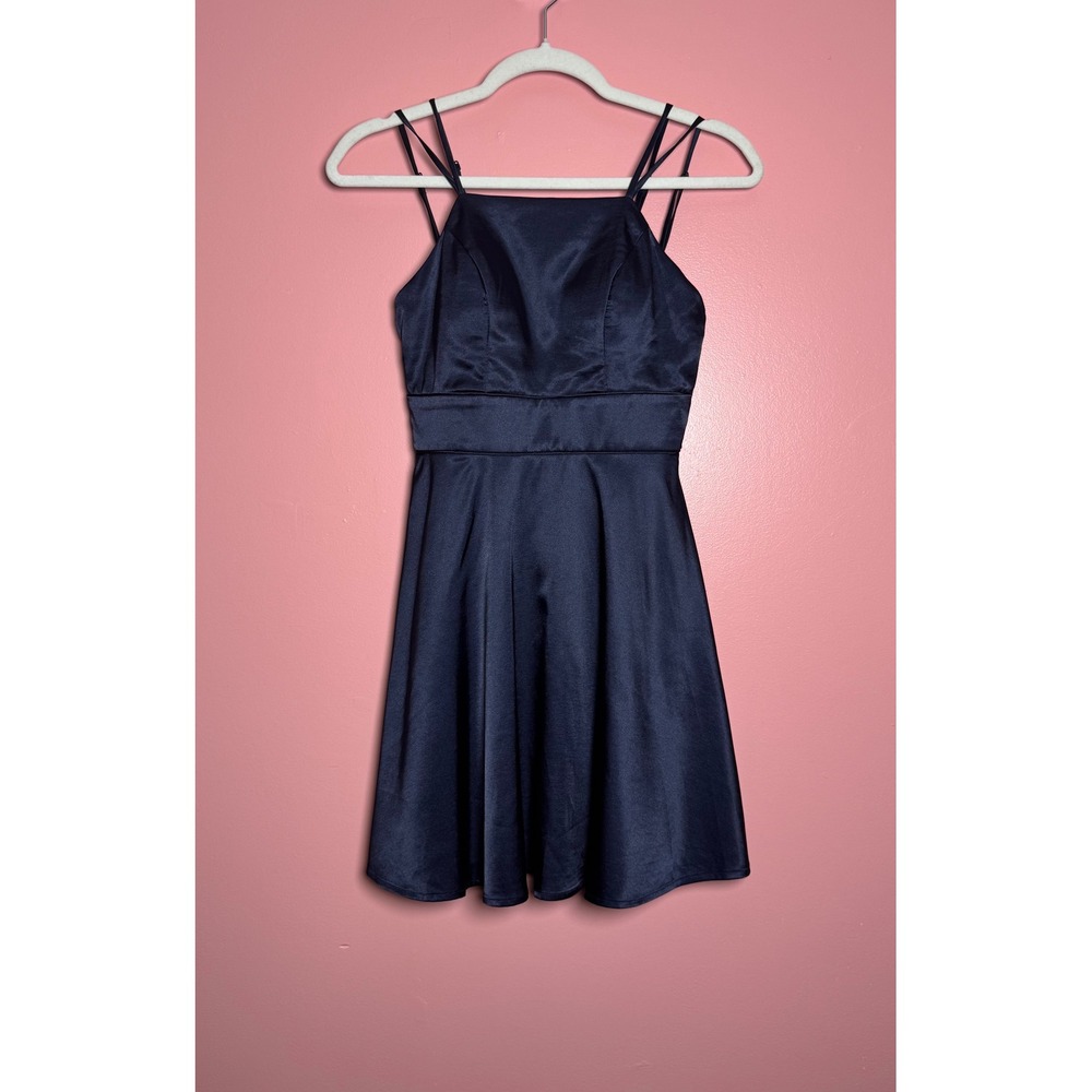 Sequin Hearts Skater Dress Womens 1 Navy Blue Satin Square‎ Neck